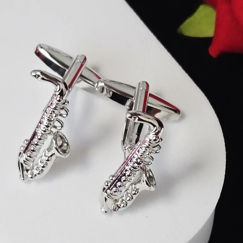 Silver Saxophone Cufflinks Music Instrument Jazz Band Formal Shirt Accessory